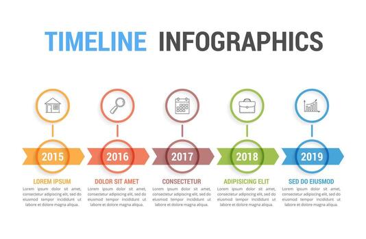 Timeline infographics with arrows with 5 steps, workflow, process, history diagram vector