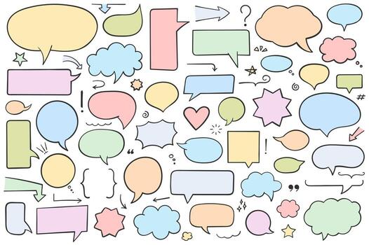 Collection of hand drawn speech bubbles, arrows and other design elements, solid shapes, soft colors for dark text vector