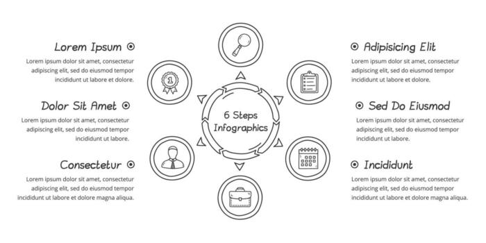 Doodle circle diagram with six elements with place for icons and text, handdrawn infographic template vector