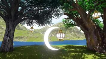 skön islamic intro animering mall med förtrollade skog utforskning med hängande lyktor och måne och flod visningar video