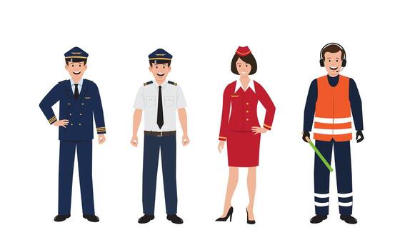 Pilot, stewardess, and air traffic controller uniforms set isolated on a white background illustration vector