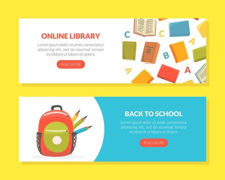 en línea biblioteca, espalda a colegio aterrizaje página plantillas colocar, educación, mi- aprendiendo, leyendo programa para niños sitio web sitio web ilustración vector