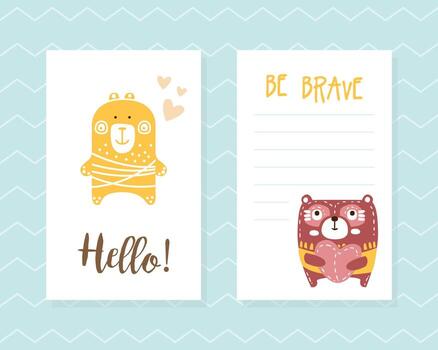 Hello, Be Brave Inspirational and Motivational Card Template with Space for Text, Happy Birthday Invitation Card Design with Funny Bear Characters Cartoon Illustration vector