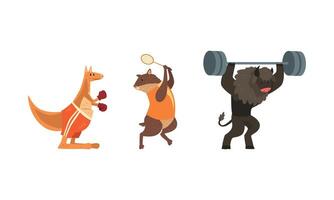 toro hacer ejercicio con barra con pesas, marmota jugando tenis, canguro boxeo, poderoso salvaje animales caracteres haciendo Deportes ilustración vector