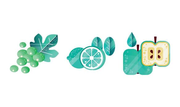 Fruit with Grape Cluster, Lemon and Apple Set vector