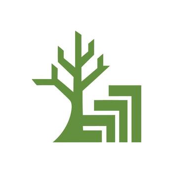 Abstract green tree icon with a thick trunk forming a geometric square spiral shape. vector