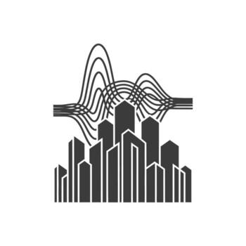 resumen paisaje urbano con sonido ola patrones y moderno edificios vector