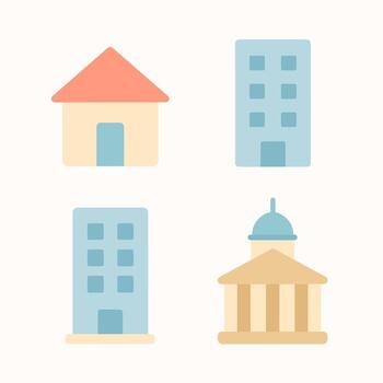 plano estilo varios edificio estructura forma icono conjunto con suave pastel colores vector