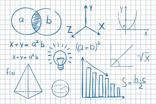 Math symbols formulas on notebook page background. Sketch symbols mathematical equations, schemes geometry shapes. vector