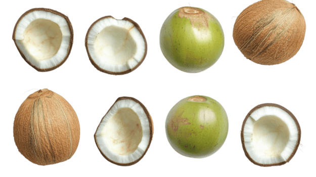 Different forms of coconut displayed, highlighting the contrast between the outer shell and inner white flesh png