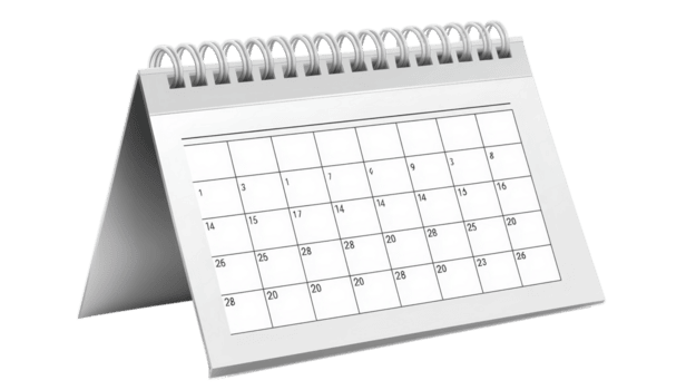 een spiraal gebonden kalender is reeks Aan een tafel, presentatie van een rooster van datums voor effectief planning png