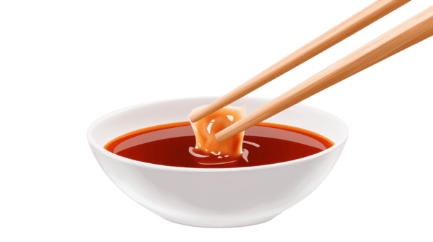 palillos inmersión dentro un cuenco de vibrante rojo salsa, capturar un gotita png