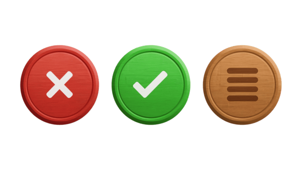 Set of stylish wooden app buttons representing cancel accept and menu options for interface design png