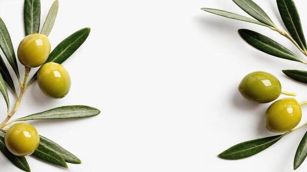 Green olives with leaves are located at the edges of the image on a white background, creating the effect of emptiness in the center. The simplicity and freshness of the composition emphasize photo