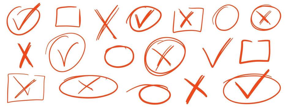 Check marks red pencil doodle set. Vote, yes, no, checkbox, checklist, tick and cross signs, v and x. Ellipse or circle frames. filled boxes for answers in test, confirmation or negation vector
