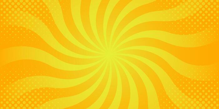 Bright yellow twisted comic sunburst background with halftone dot pattern, retro radial rays swirl effect for pop art posters, banners, advertisements, and graphic templates vector
