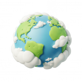 cartone animato stile 3d icona terra con verde continenti e soffice nuvole contro trasparente sfondo, sottolineando ambientale temi e globale unità png