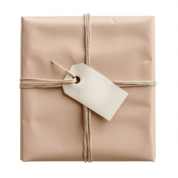 Simple brown recycled paper package tied with message and blank label twine on transparent background, ready for your isolated png