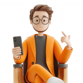 3d icon user illustration of a smiling man suit, an orange wearing using a smartphone and pointing a finger while sitting on a chair, on transparent background png