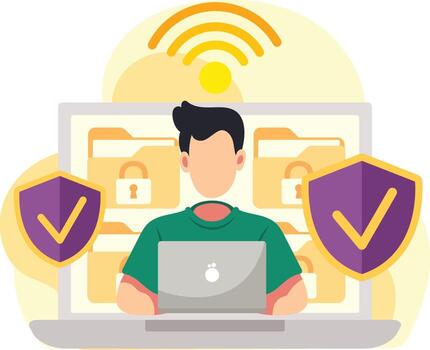 Man securing data on laptop screen vector