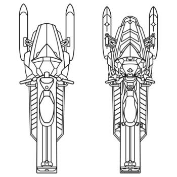 Set of two snowmobile, top view drawings. Snow vehicle outline draft, simple isolated scheme. Snowmobiling winter offroad transport vector