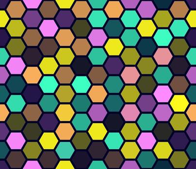 A vibrant abstract pattern featuring interlocking hexagons in a variety of bright colors creating a honeycomb-like structure. vector