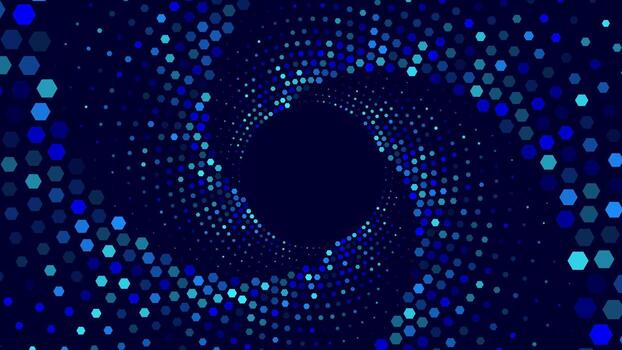 azul hexágonos formando un arremolinándose espiral modelo alrededor un oscuro centro. resumen antecedentes. vector