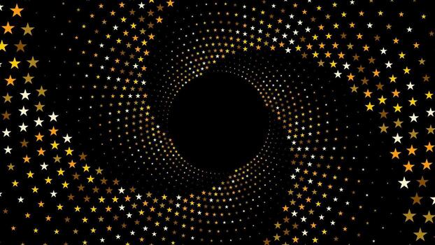 A dynamic swirling pattern of golden, yellow, and white stars radiating from a central black circle, set against a black background, creating a festive and elegant abstract design. vector