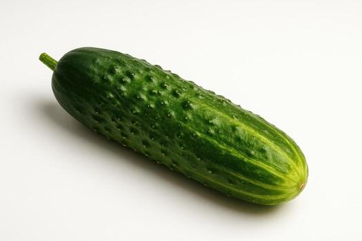On a white background is a green cucumber with small thorns on the skin. Its smooth texture and bright color emphasize naturalness and draw attention to healthy eating. photo