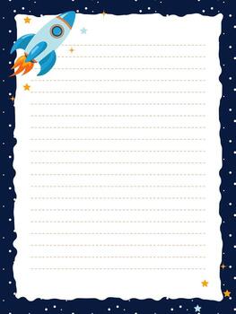 Space-themed page template for a diary or notebook with a rocket. Simple flat illustration vector