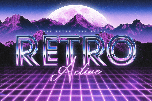 retrò anni 80 testo effetto modello con un' metallico testo e raggiante sceneggiatura, impostato contro un' surreale paesaggio con un' Luna e futuristico griglia, Perfetto per un' nostalgico estetico. psd