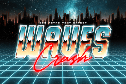 retrò Stile anni '80 testo effetto modello con un' brillante, simile al cromo testo e un' rosso neon sceneggiatura, impostato contro un' futuristico griglia e un' paesaggio urbano a notte, Perfetto per un' synthwave tema psd