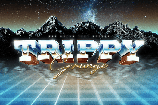 retrò anni 80 testo effetto modello con un' metallico testo e d'oro copione contro un' surreale paesaggio con un' futuristico griglia, adatto per un' Vintage ▾ e mistico tema. psd