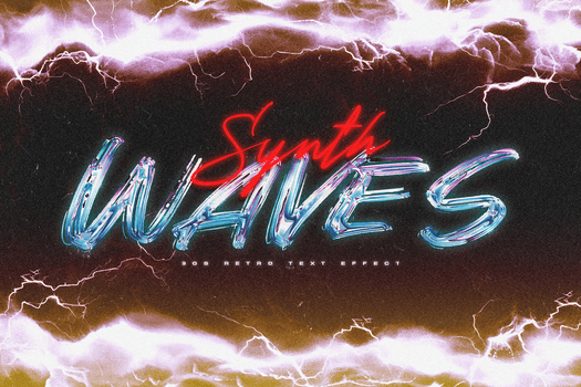 etro anni 80 testo effetto modello con un' cromo, simile a un liquido testo e un' rosso neon sceneggiatura, impostato contro un' drammatico fondale di fulmine e tempeste, Perfetto per un' synthwave o elettronico musica tema. psd