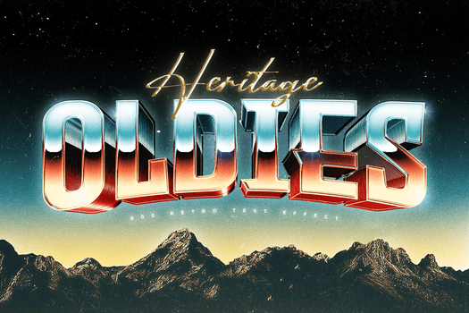 retrò anni 80 testo effetto modello con un' metallico testo e un' d'oro sceneggiatura, impostato contro un' surreale paesaggio di montagne e un' stellato cielo, evocando un' Vintage ▾ estetico. psd