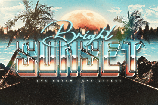 retro 80er Jahre Text bewirken Vorlage mit ein deutlich, chromähnlich Text mit ein Neon- Skript überlagern, einstellen gegen ein Sommer- Abend Landschaft mit Palme Bäume und ein groß Sonne, hervorrufen ein Jahrgang Ferien Stimmung. psd