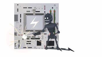 robô reparos eletrônicos. animação robô engenheiro com Soldagem máquina, alfa canal. desenho animado video