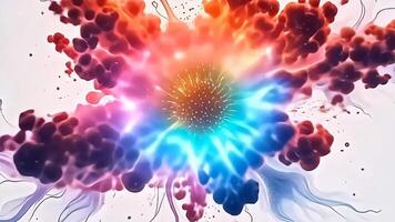 Captured from a dynamic aerial perspective, a soft rainbow molecule wrapped in magnetic waveforms explodes like a celestial nebula, radiating brilliant hues of pink and blue while pulsating video