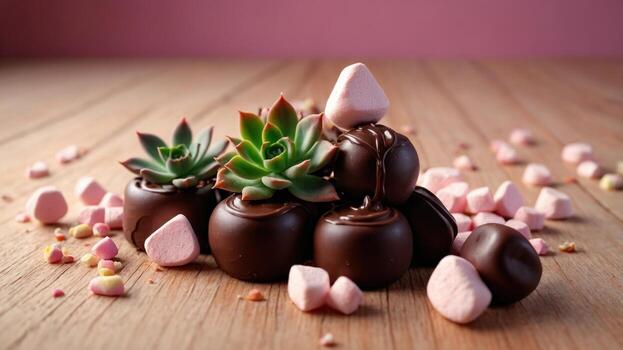 A beautifully arranged display of chocolate truffles and succulent plants on a wooden table, with pink marshmallows scattered around, creating a cozy and inviting atmosphere photo