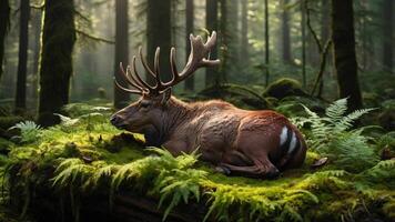 Majestic stag resting on lush moss in a serene forest, sunlight filtering through towering trees photo