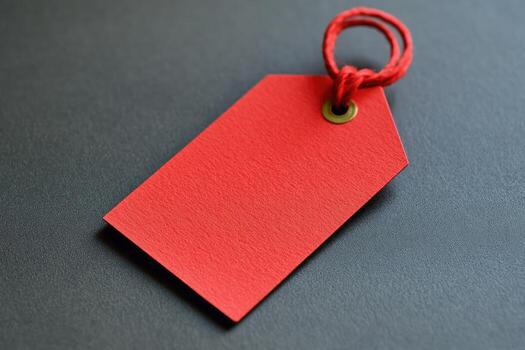 A single red blank tag with a string loop and metal eyelet on a dark background photo