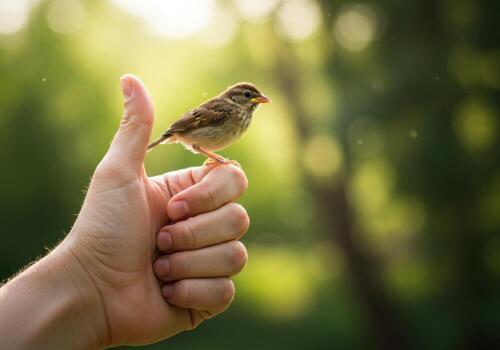 A small bird perched on a person's thumb photo