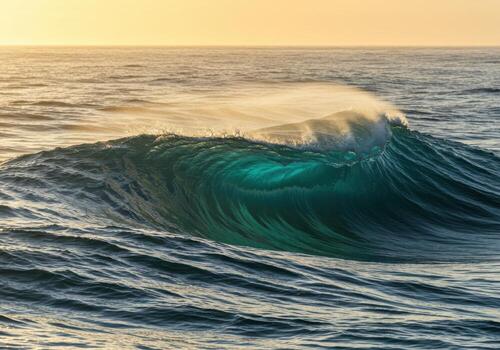 A large wave in the ocean at sunset photo