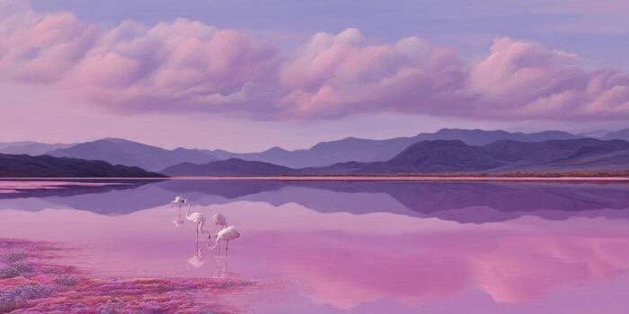Serene Pink Landscape with Flamingos Reflected in Still Waters and Soft Clouds at Dusk in a Tranquil Environment photo