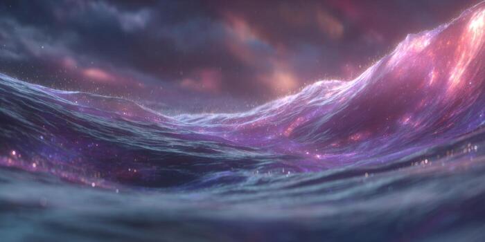 Ethereal Ocean Waves Surreal Colors with Sparkling Light Effects in Dramatic Twilight Sky photo