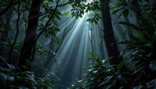 Sunlight in a dense forest photo