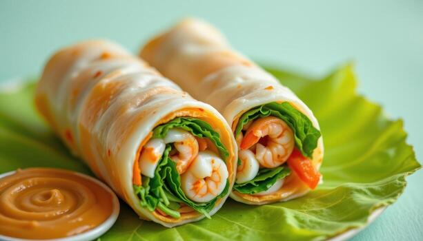 Fresh Shrimp Spring Rolls with Lettuce and Sauce on Green Plate photo