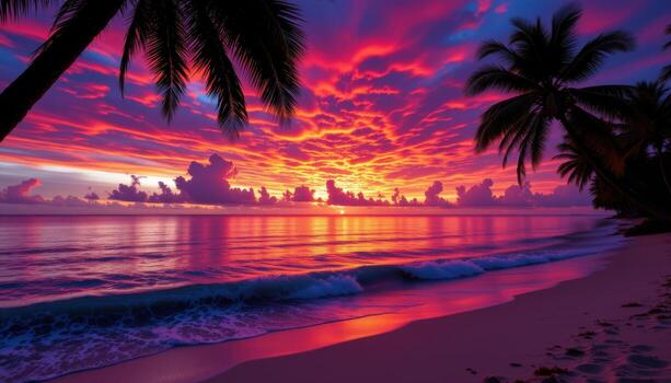 Vibrant Sunset Over Tropical Beach with Palm Trees and Colorful Clouds Reflected on Ocean Waves photo