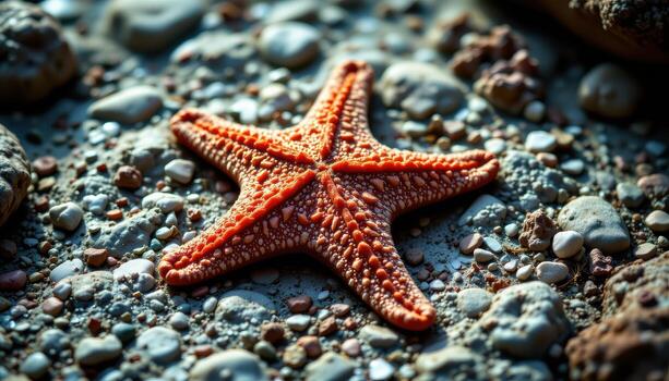 Bright Orange Starfish on Rocky Beach with Pebbles and Ocean Background Under Sunlight photo