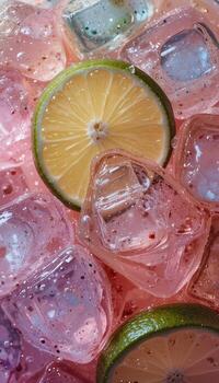 Dreamy Pink Ice Cubes and Lime Slices Up Close Vertical photo
